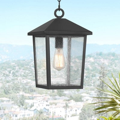 John Timberland Westmont 15 3/4" High Modern Outdoor Pendant Light Fixture Ceiling Porch House Hanging Sand Black Aluminum Seeded Glass Shade