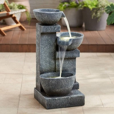 Three Bowls 32 1/4" High Large Modern Indoor Outdoor Decor Gray Faux Stone Floor Fountain With Light LED Cascading Outside Garden